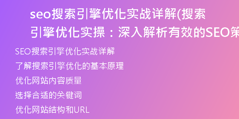 seo搜索引擎優(yōu)化實戰(zhàn)詳解(搜索引擎優(yōu)化實操：深入解析有效的SEO策略)
