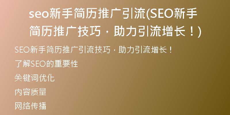 seo新手簡(jiǎn)歷推廣引流(SEO新手簡(jiǎn)歷推廣技巧，助力引流增長(zhǎng)！)