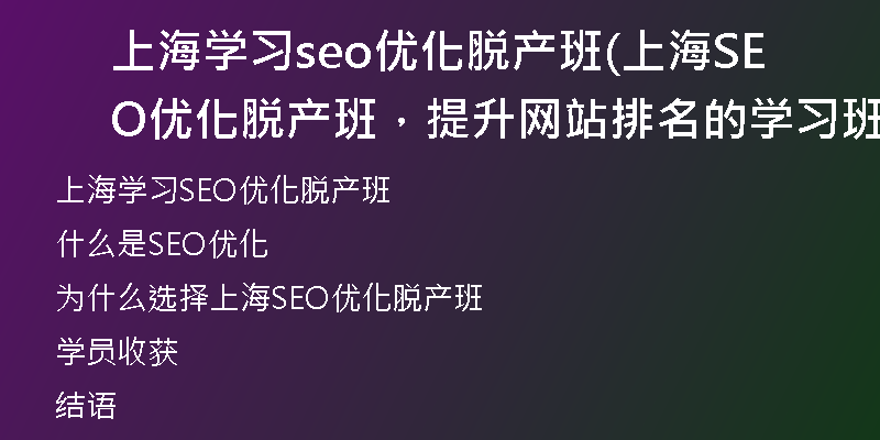 上海學(xué)習(xí)seo優(yōu)化脫產(chǎn)班(上海SEO優(yōu)化脫產(chǎn)班，提升網(wǎng)站排名的學(xué)習(xí)班)